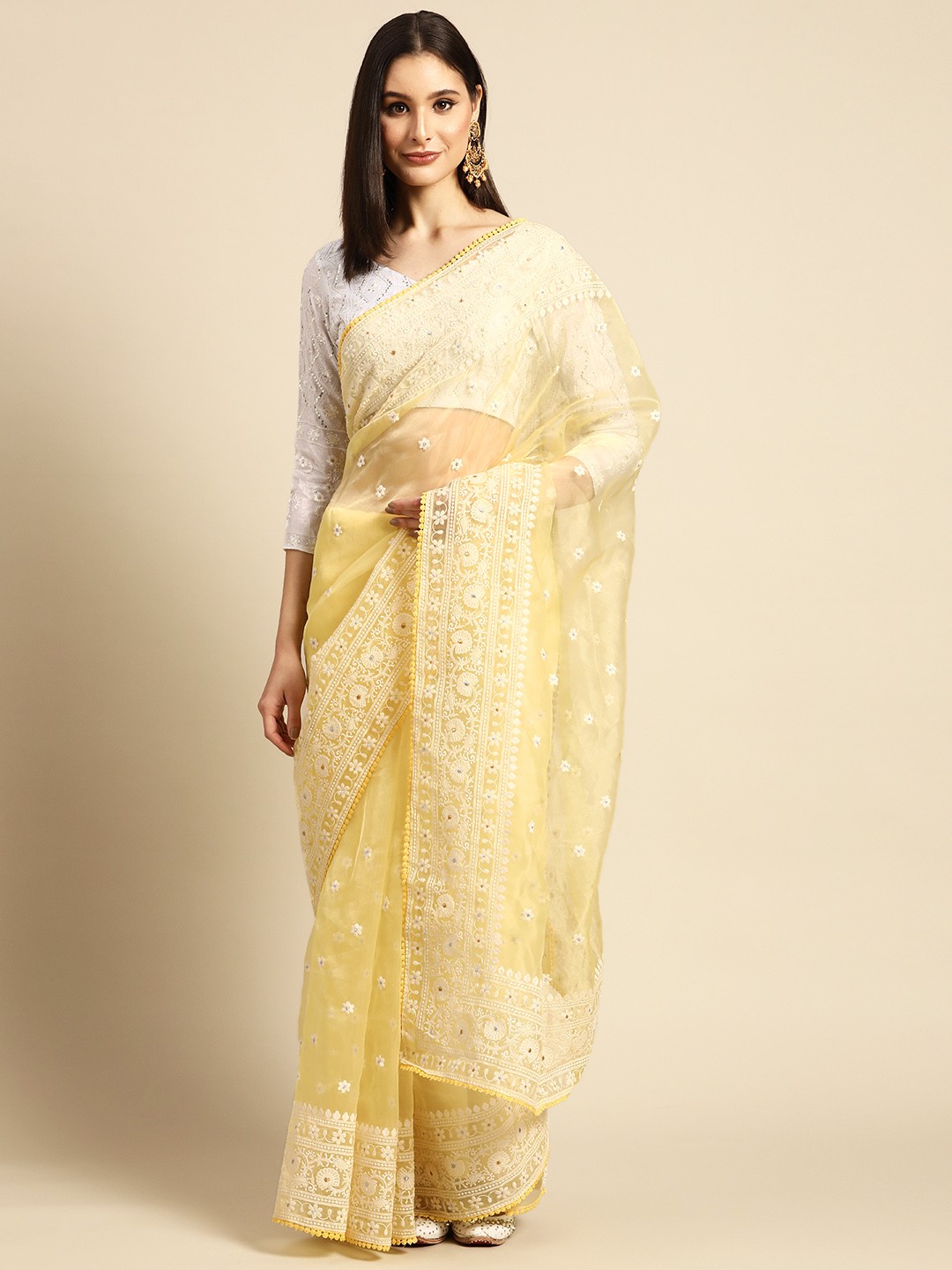 

SHUBHVASTRA Yellow Floral Sequinned Chikankari Organza Saree