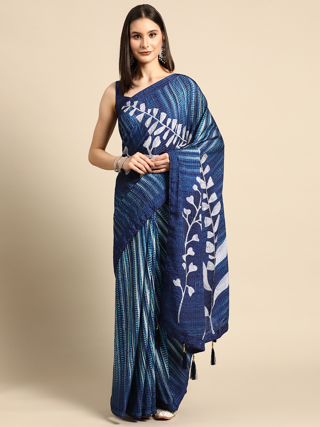 

SHUBHVASTRA Striped Sequinned Art Silk Saree, Blue