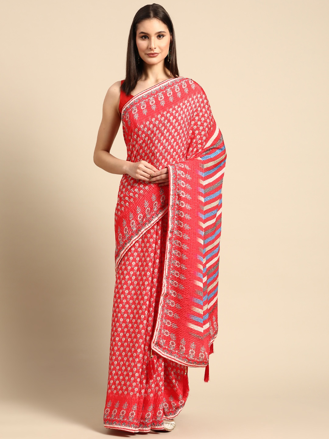 

SHUBHVASTRA Red Floral Art Silk Saree