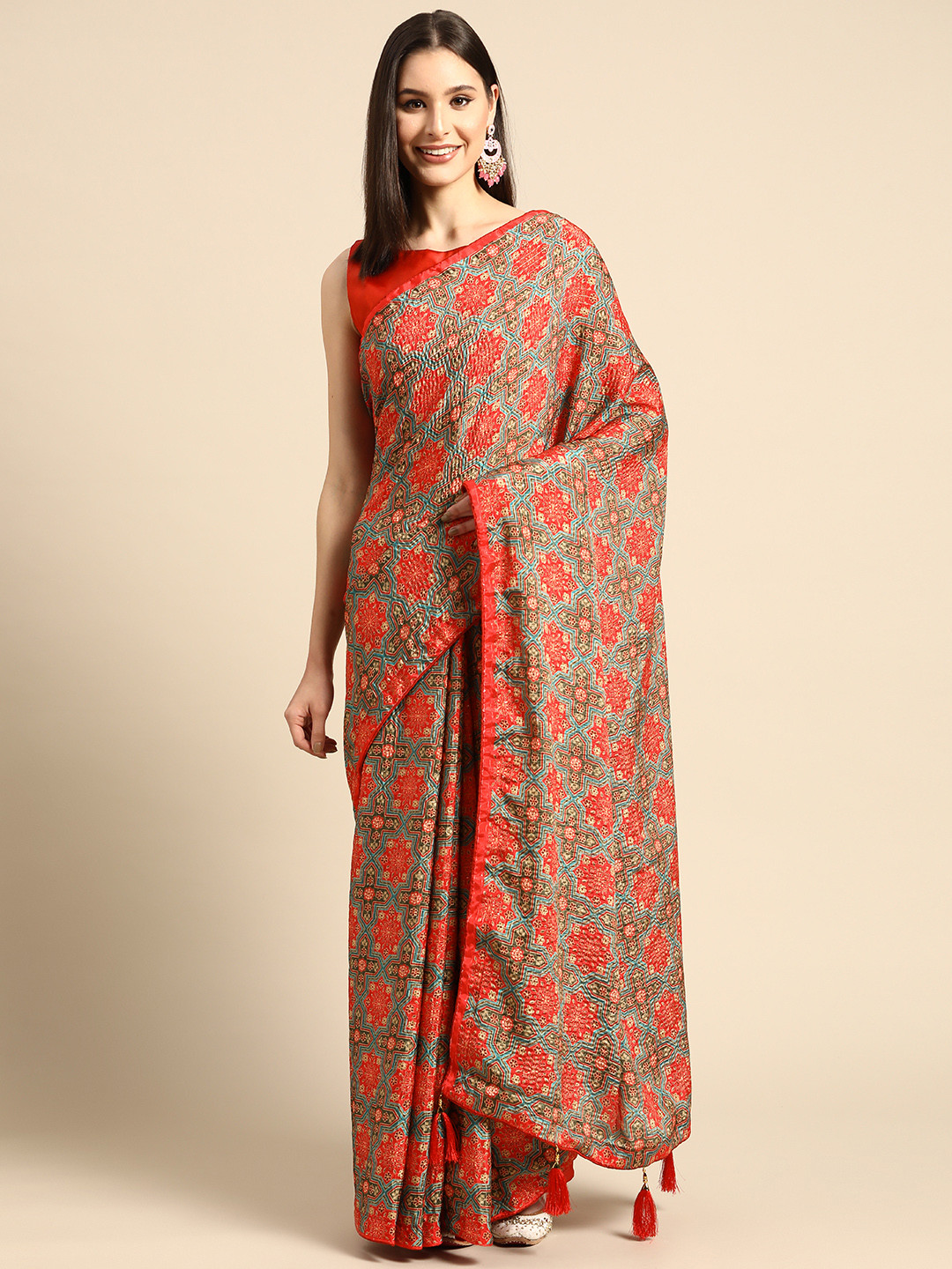 

SHUBHVASTRA Red & Turquoise Blue Floral Art Silk Saree