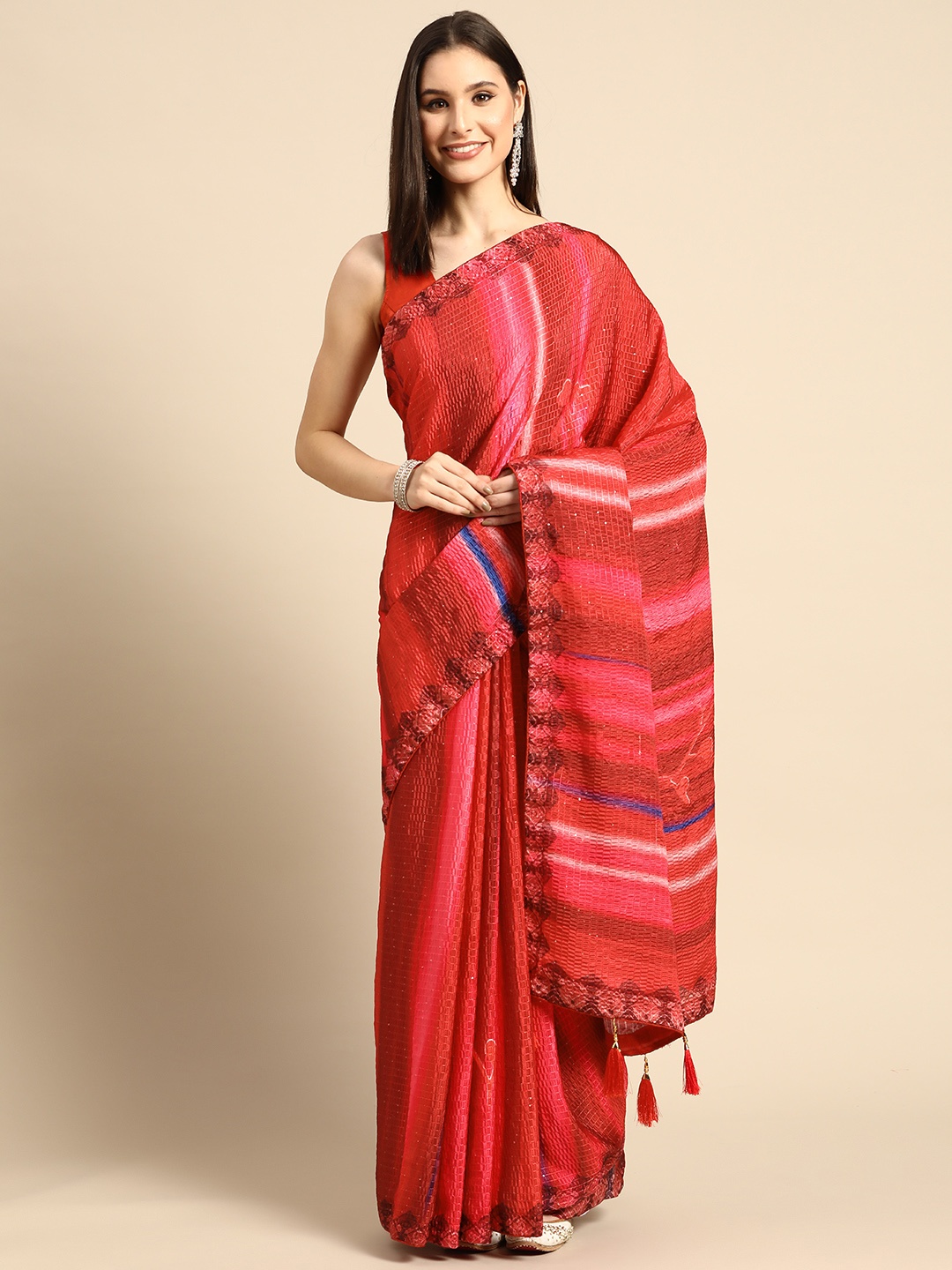 

SHUBHVASTRA Striped Sequinned Art Silk Saree, Red