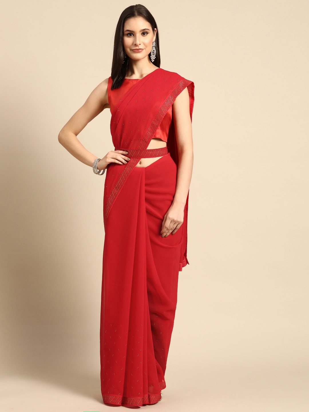 

SHUBHVASTRA Embellished Beads & Stones Saree With Belt, Red