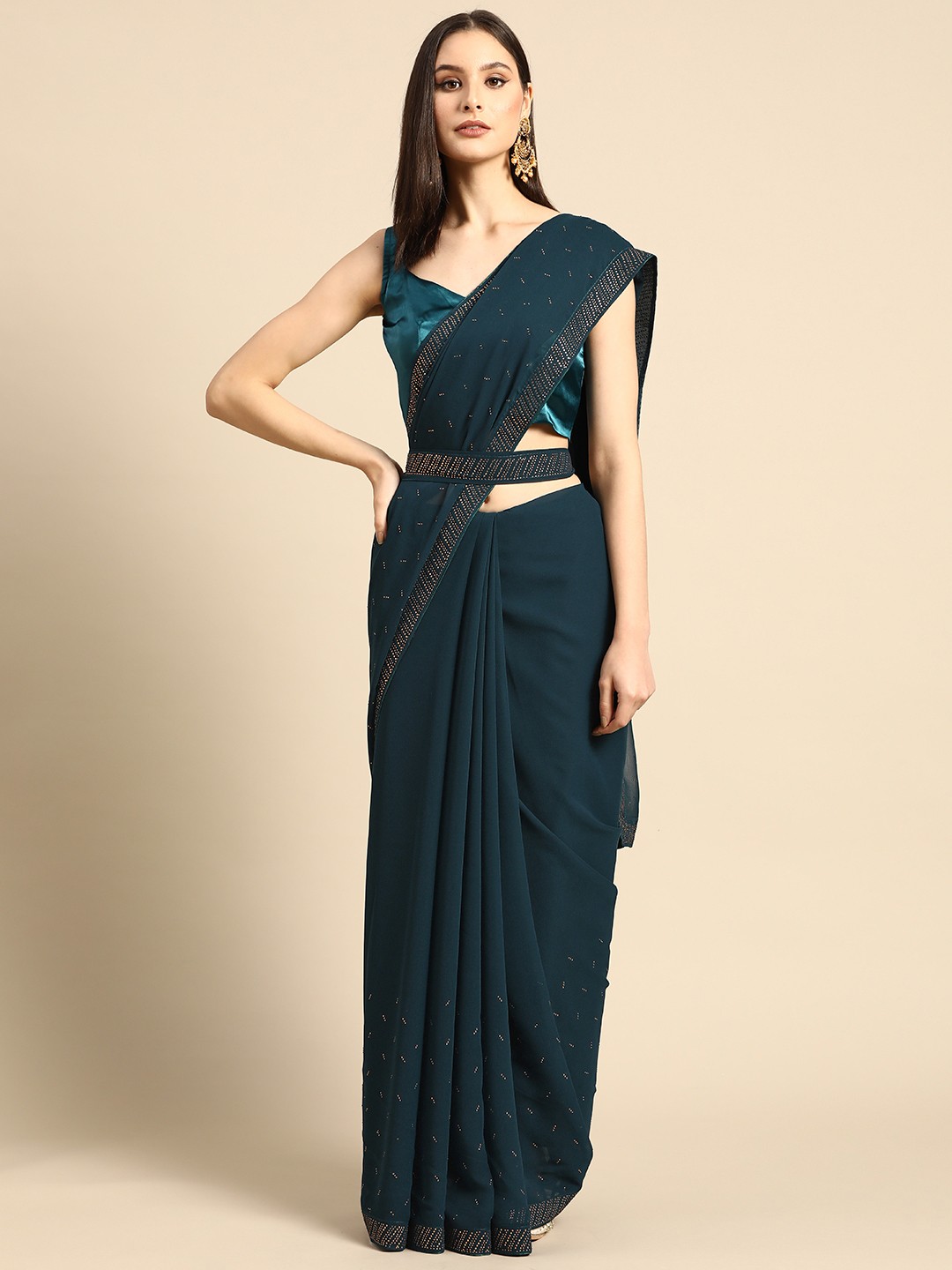 

SHUBHVASTRA Embellished Beads & Stones Saree With Belt, Teal