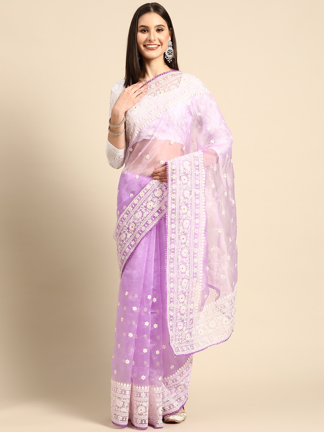 

SHUBHVASTRA Floral Chikankari Beads & Stones Organza Saree, Lavender