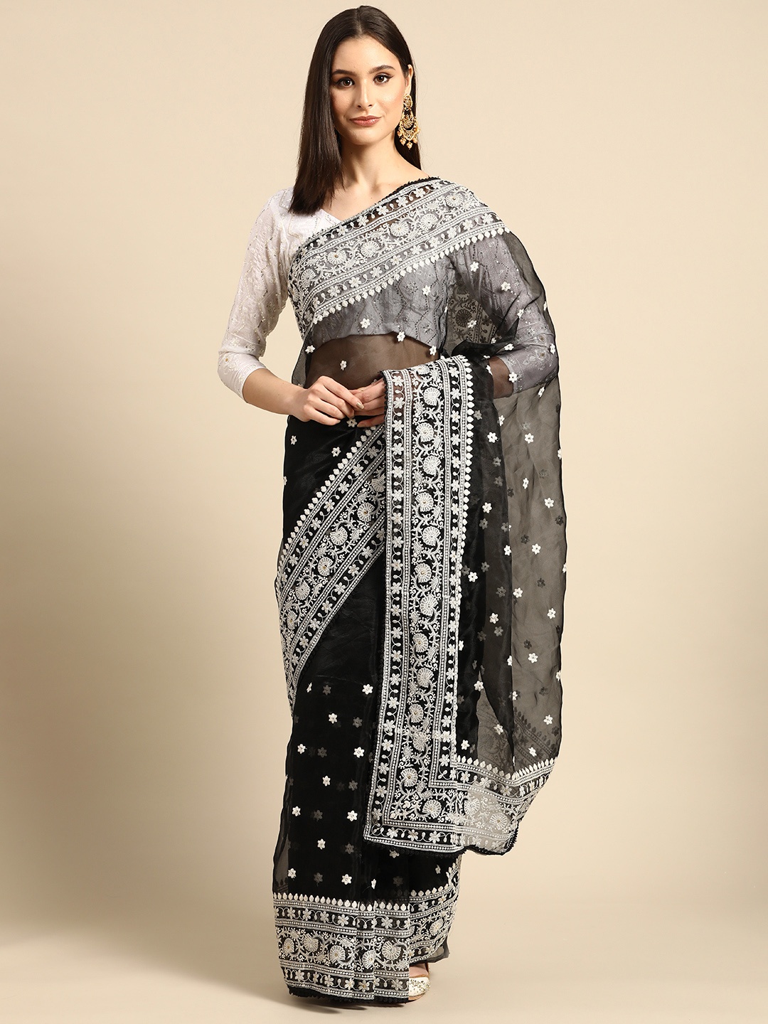 

SHUBHVASTRA Black Floral Chikankari Organza Saree