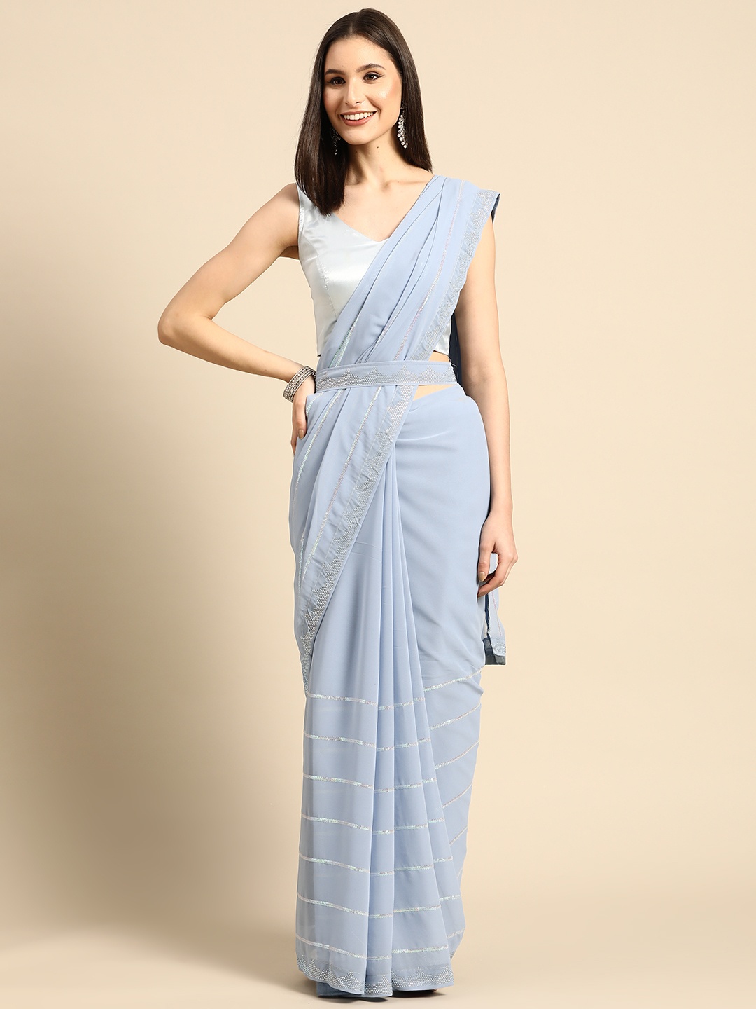 

SHUBHVASTRA Embellished Sequinned Saree With Belt, Grey