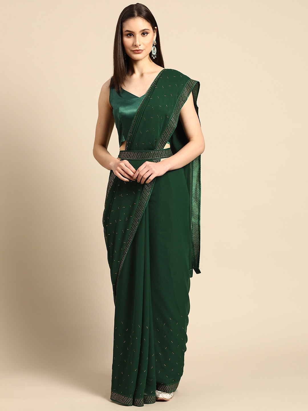 

SHUBHVASTRA Green Solid Sequinned Saree