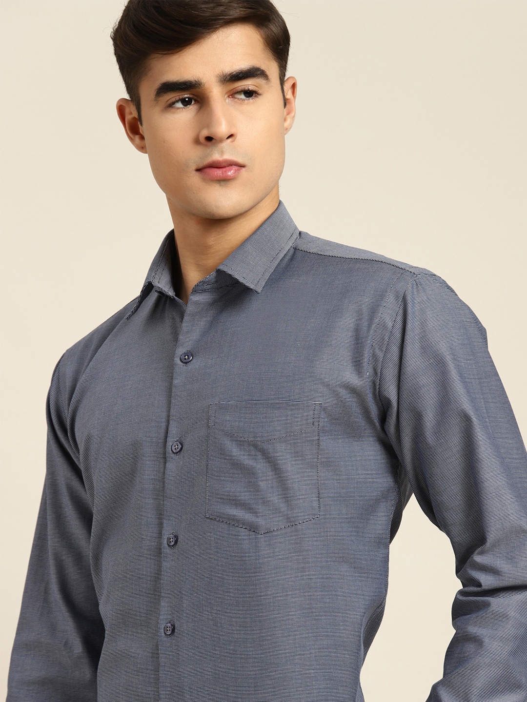 

Hancock Men Self Design Pure Cotton Slim Fit French Cuff Formal Shirt, Navy blue