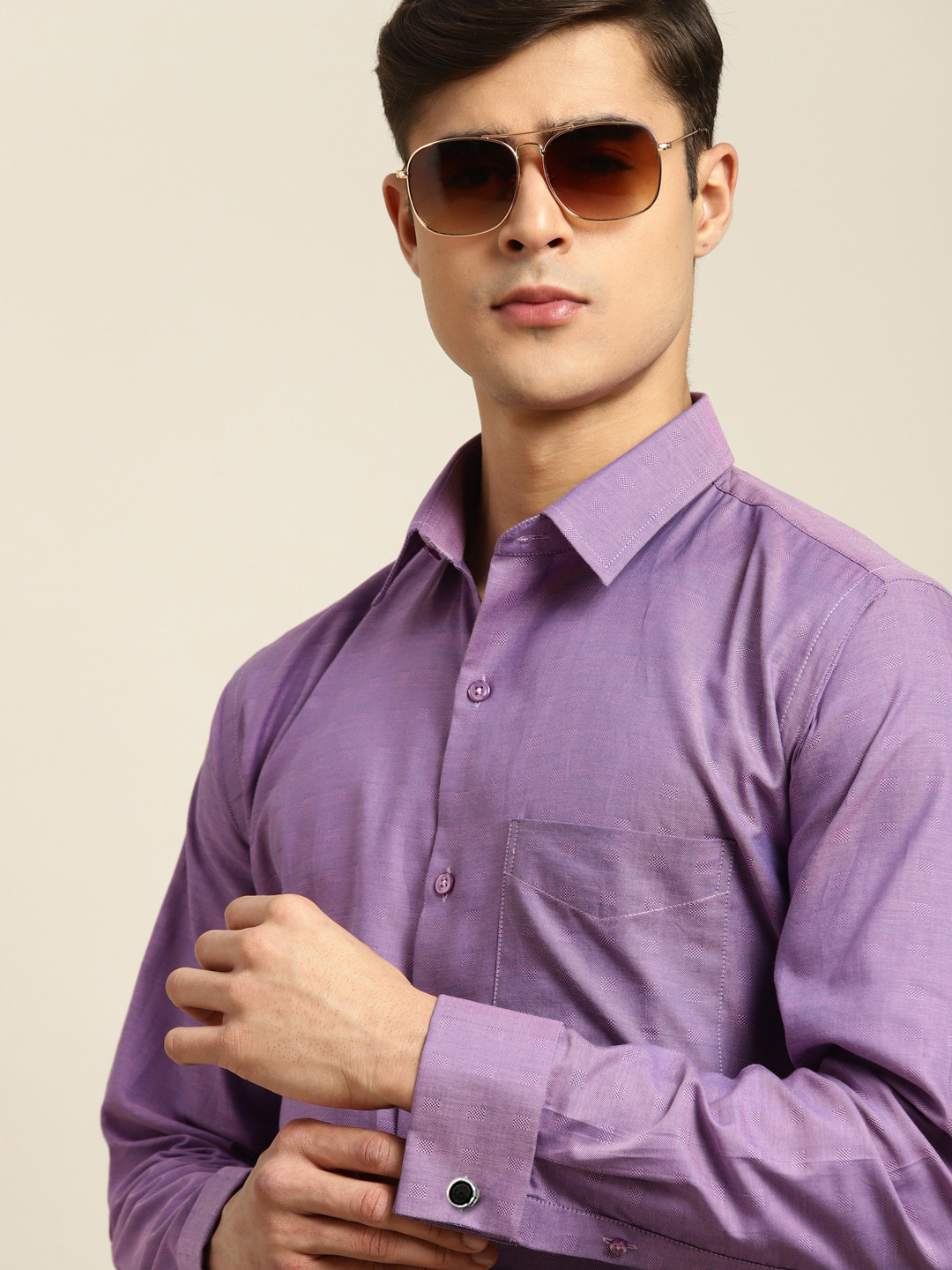 

Hancock Geometric Self Design Pure Cotton Formal Shirt, Purple