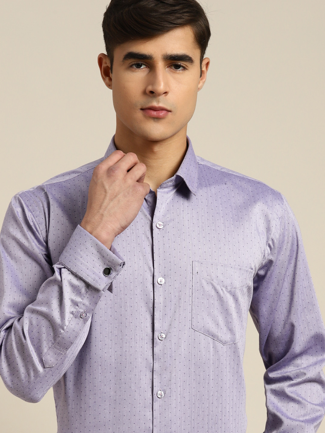 

Hancock Slim Fit Geometric Self Design French Cuff Pure Cotton Formal Shirt, Lavender