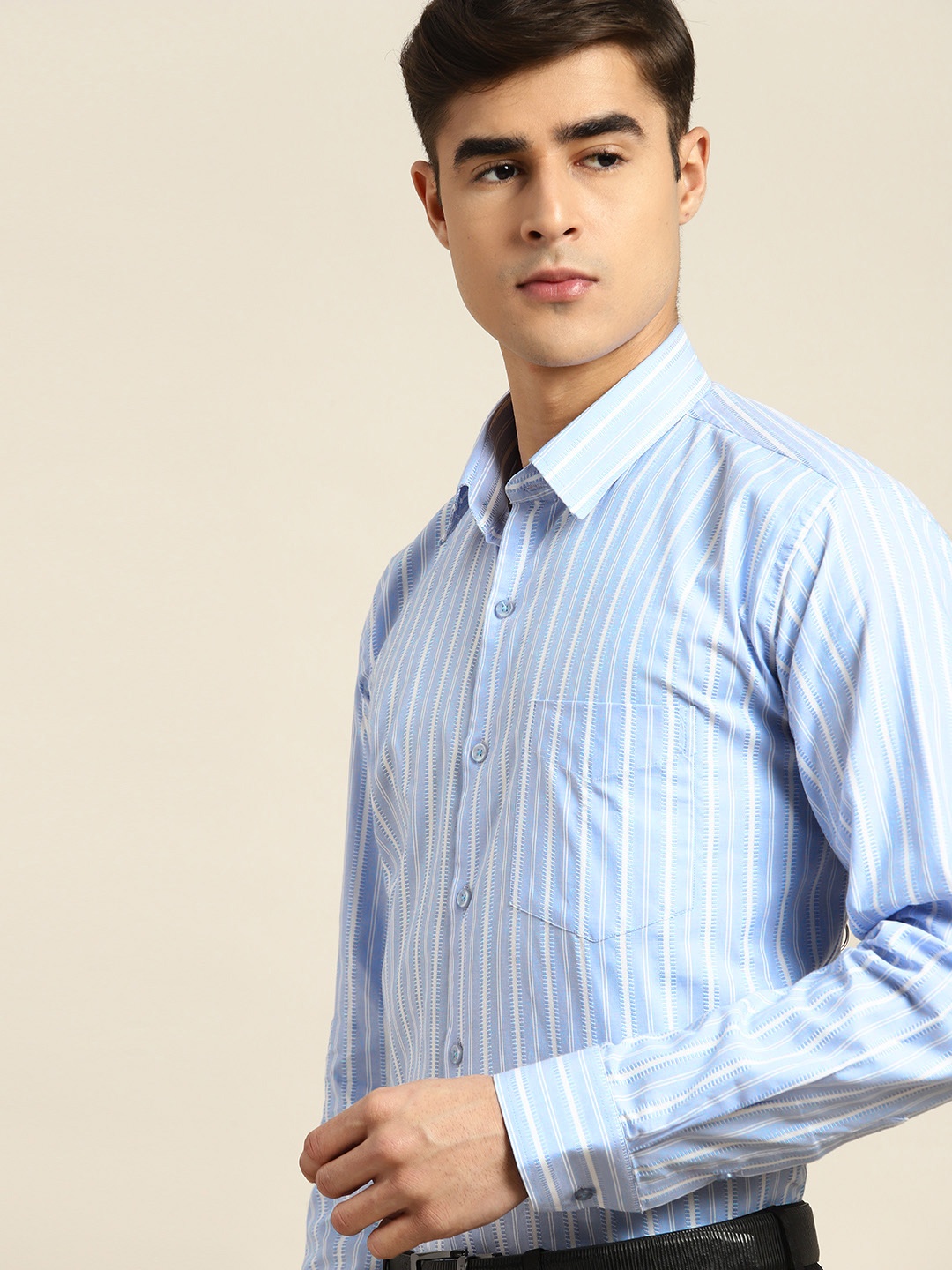 

Hancock Men Striped Pure Cotton Slim Fit Formal Shirt, Blue