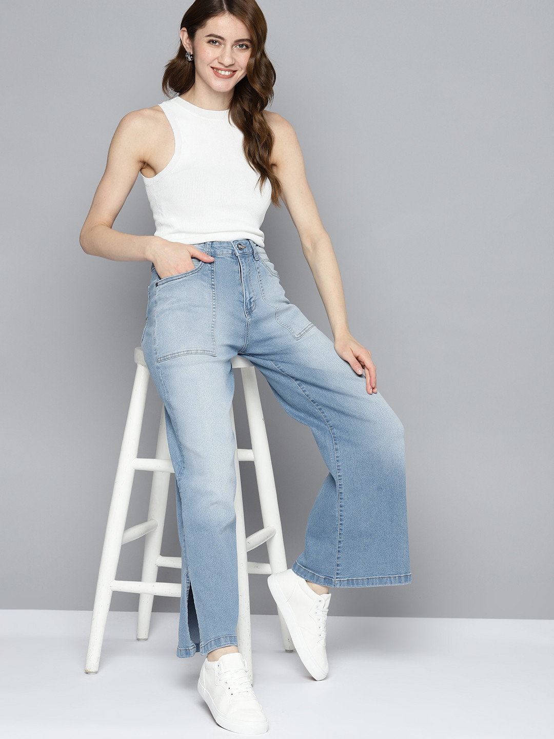 

Mast & Harbour Women Wide Leg Light Fade Stretchable Jeans, Blue