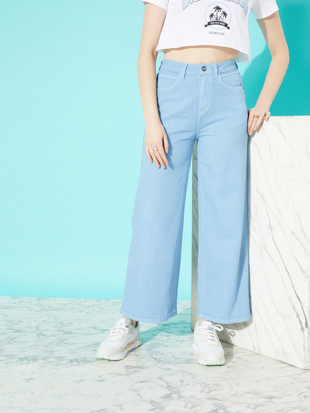 

Mast & Harbour Women Dusty Blue Romance Ramble Wide Legs & Flared Jeans