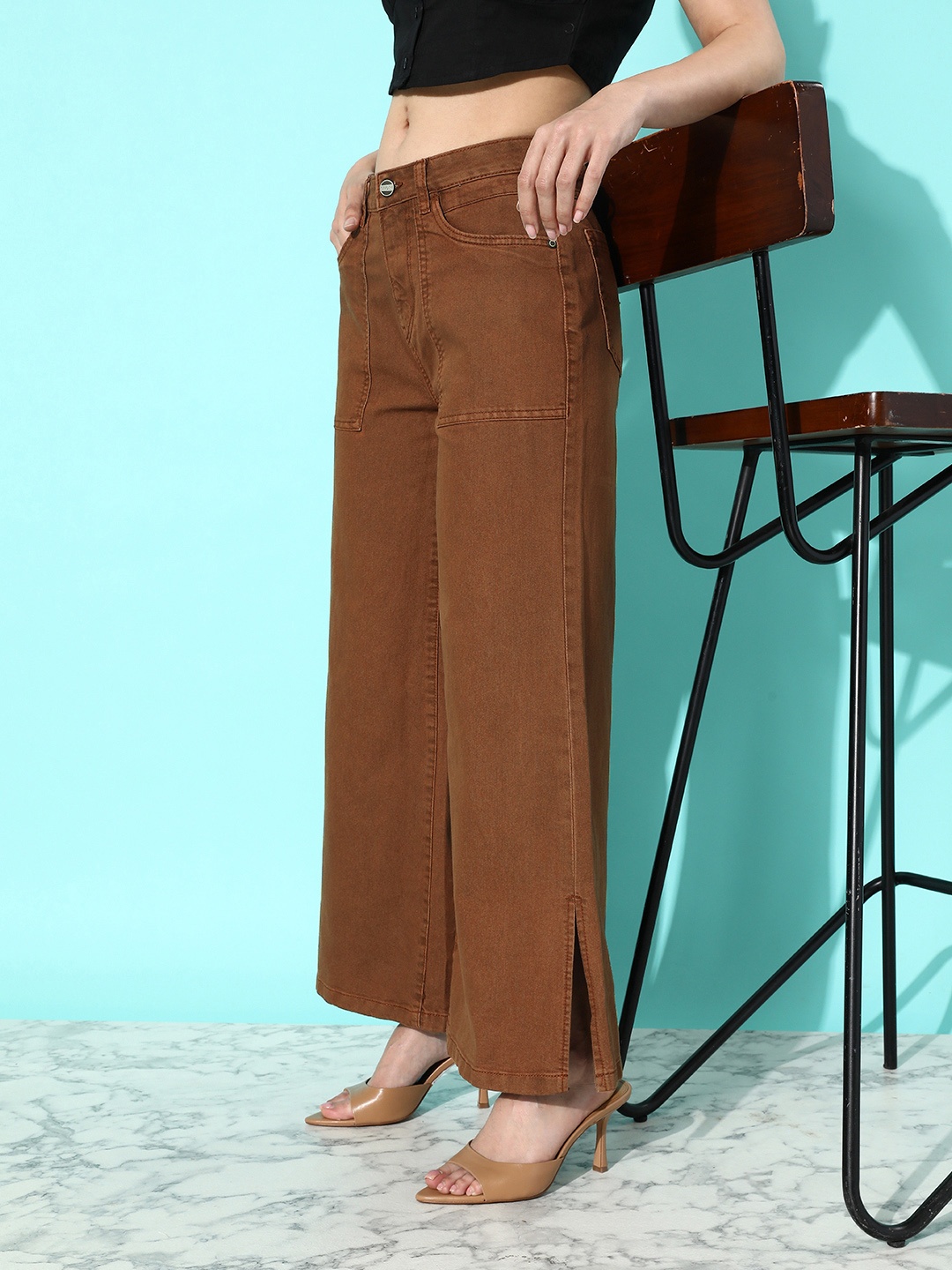 

Mast & Harbour Women Dark Brown Wide Leg Stretchable Romance Ramble Slit Jeans