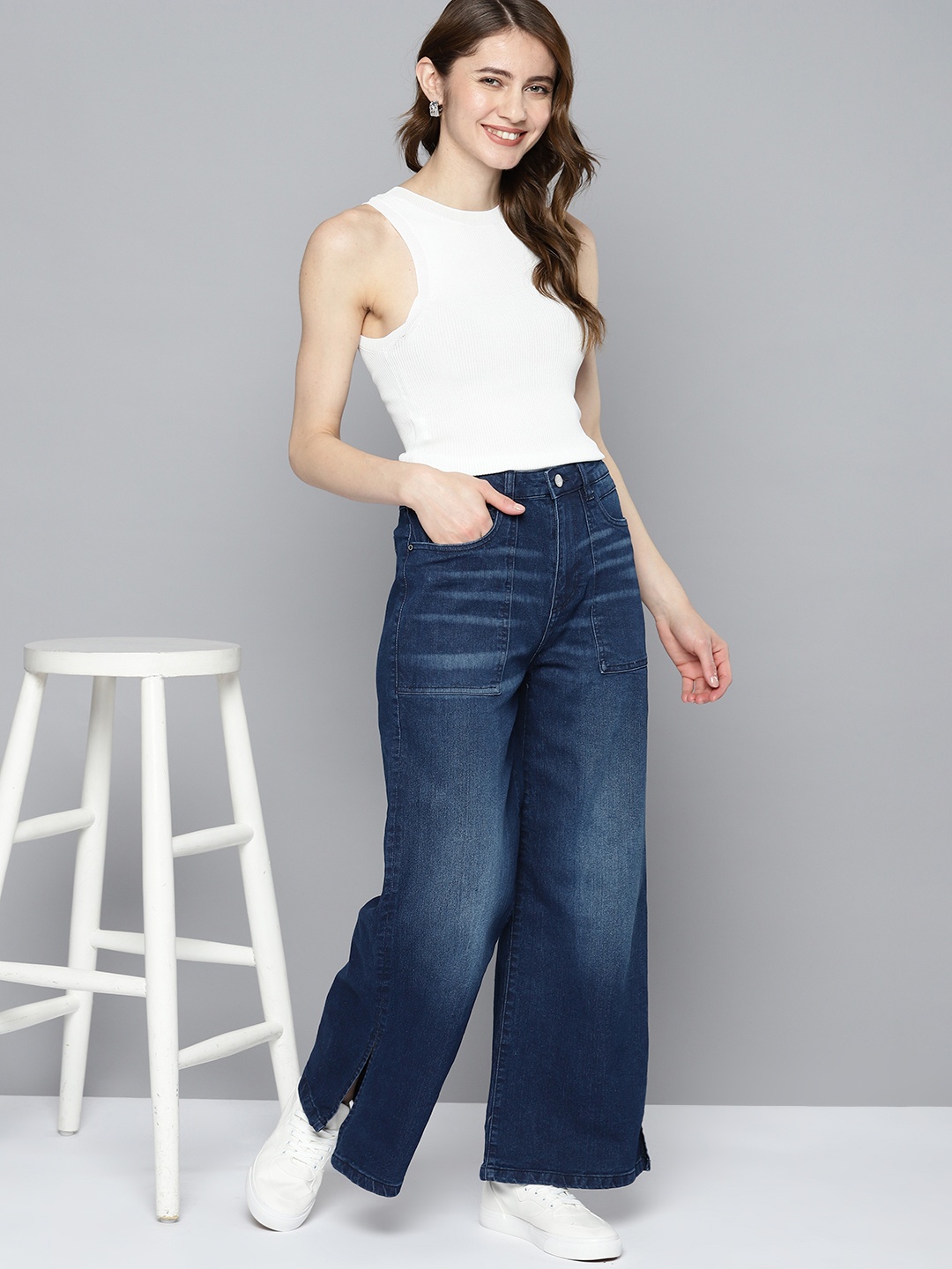 

Mast & Harbour Women Wide Leg Light Fade Stretchable Jeans, Navy blue