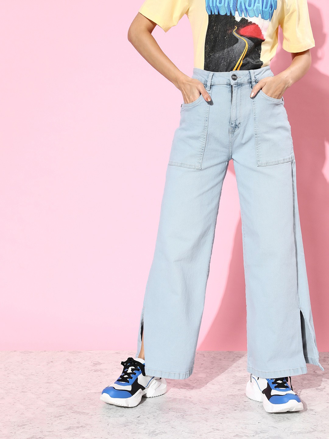 

Mast & Harbour Women Light Blue Wide Leg Mid-Rise Heavy Fade Romance Ramble Slit Jeans