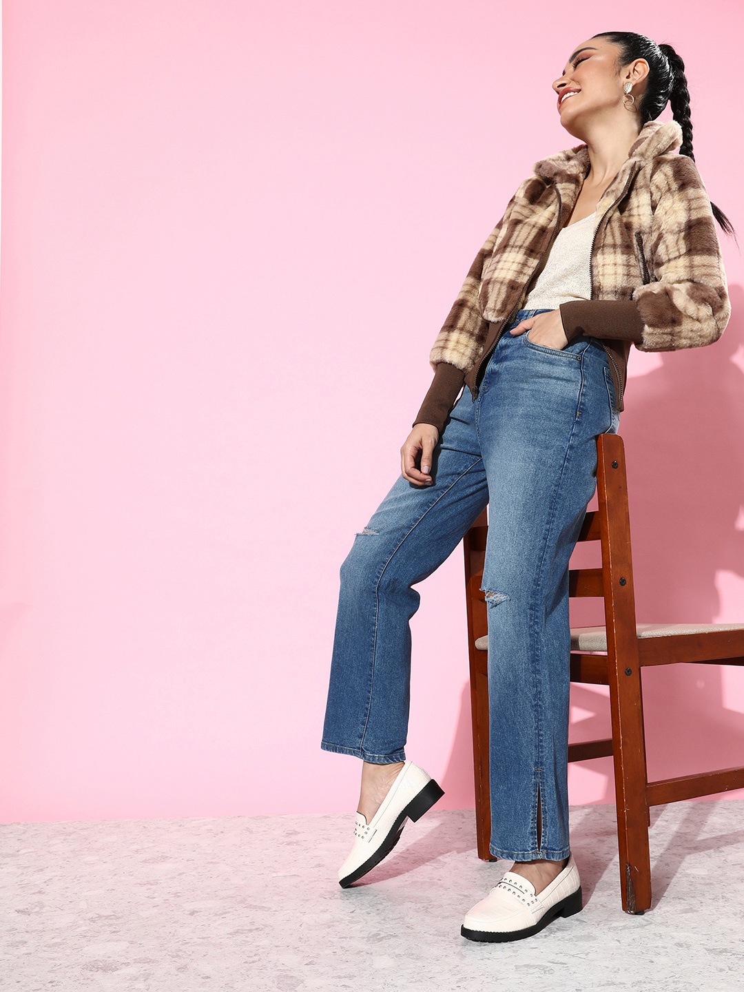 

Mast & Harbour Women Cerulean Blue Straight Fit Heavy Fade Romance Ramble Slit Jeans