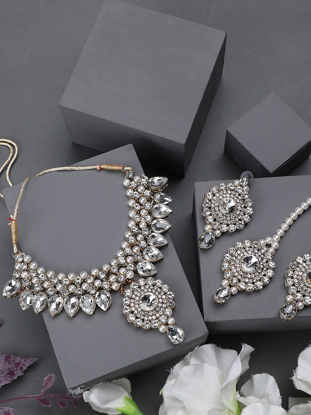 

ZaffreCollections Gold-Plated Crystals-Studded Jewellery Set, White