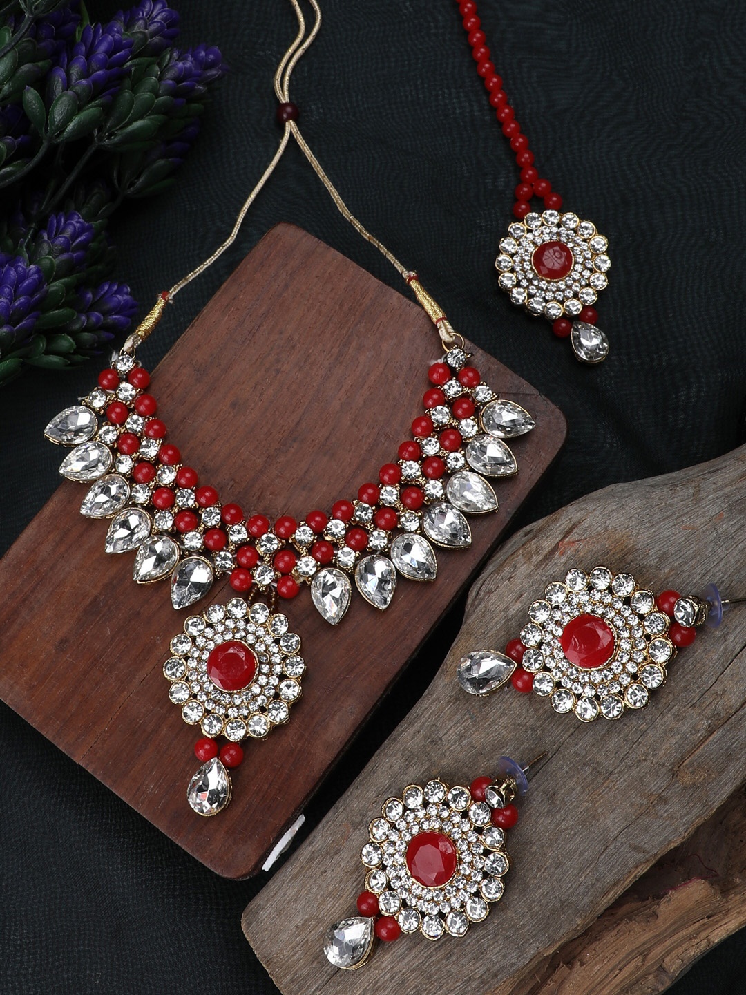 

ZaffreCollections Crystal-Studded Choker Jewellery Set, Red