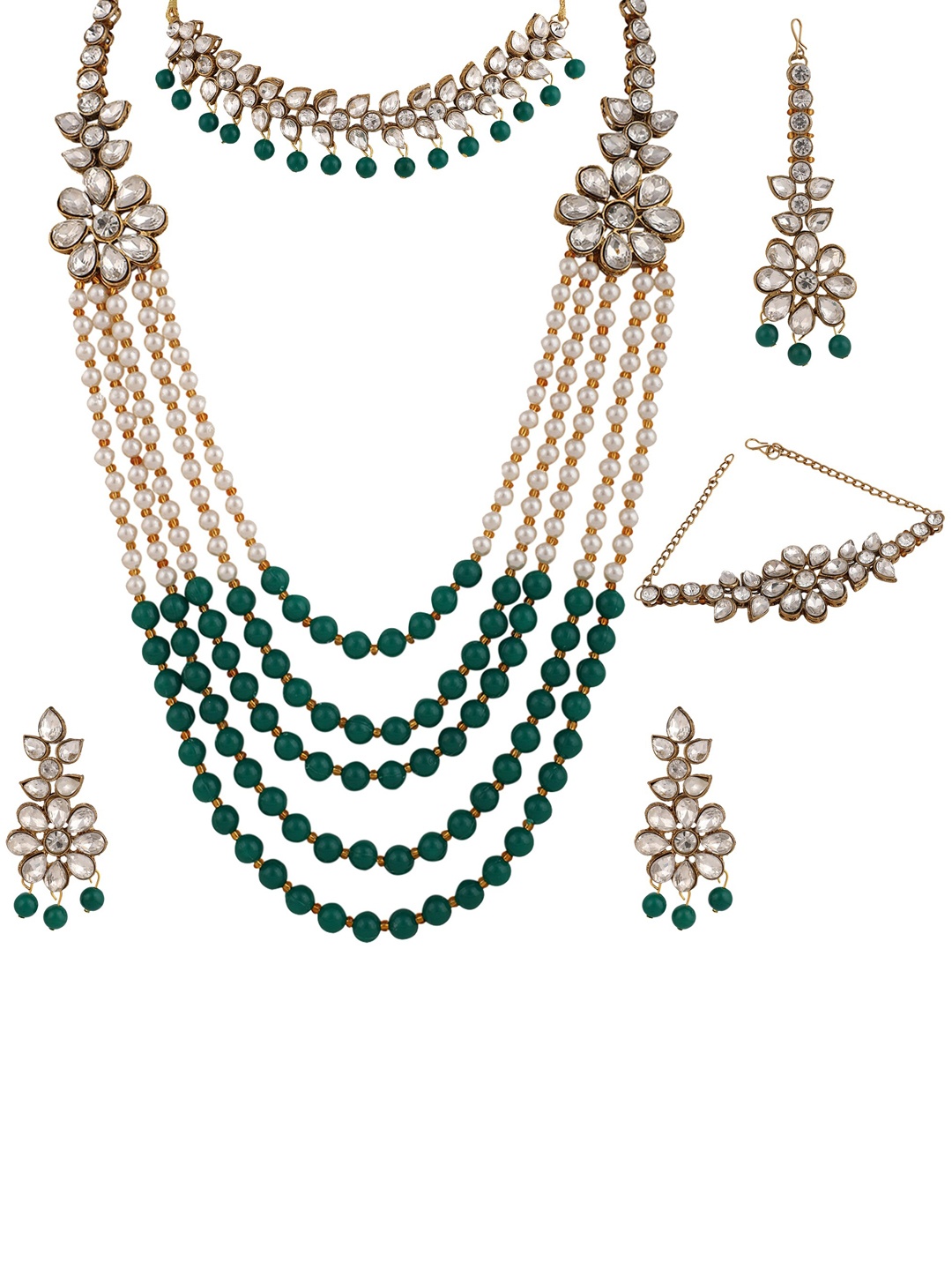 

ZaffreCollections Kundan Studded & Beaded Details Wedding Wear Jewellery Set, Green