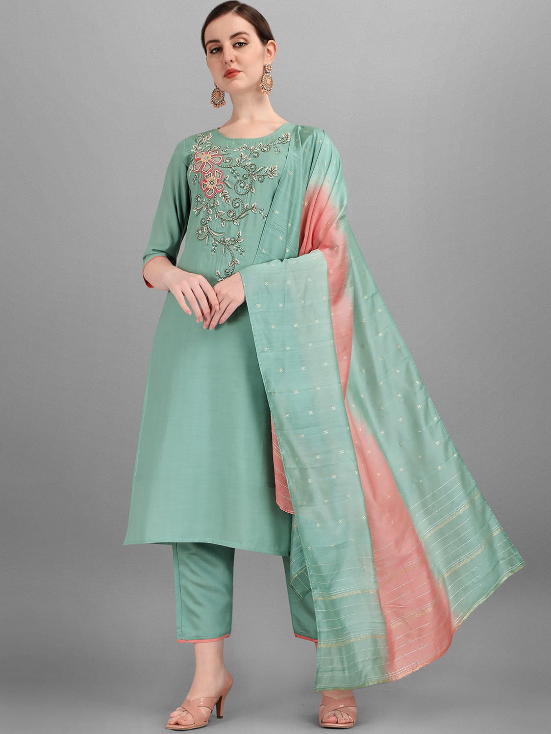 

Berrylicious Women Embroidered Beads and Stones Chanderi Cotton Kurta with Trousers & With, Turquoise blue