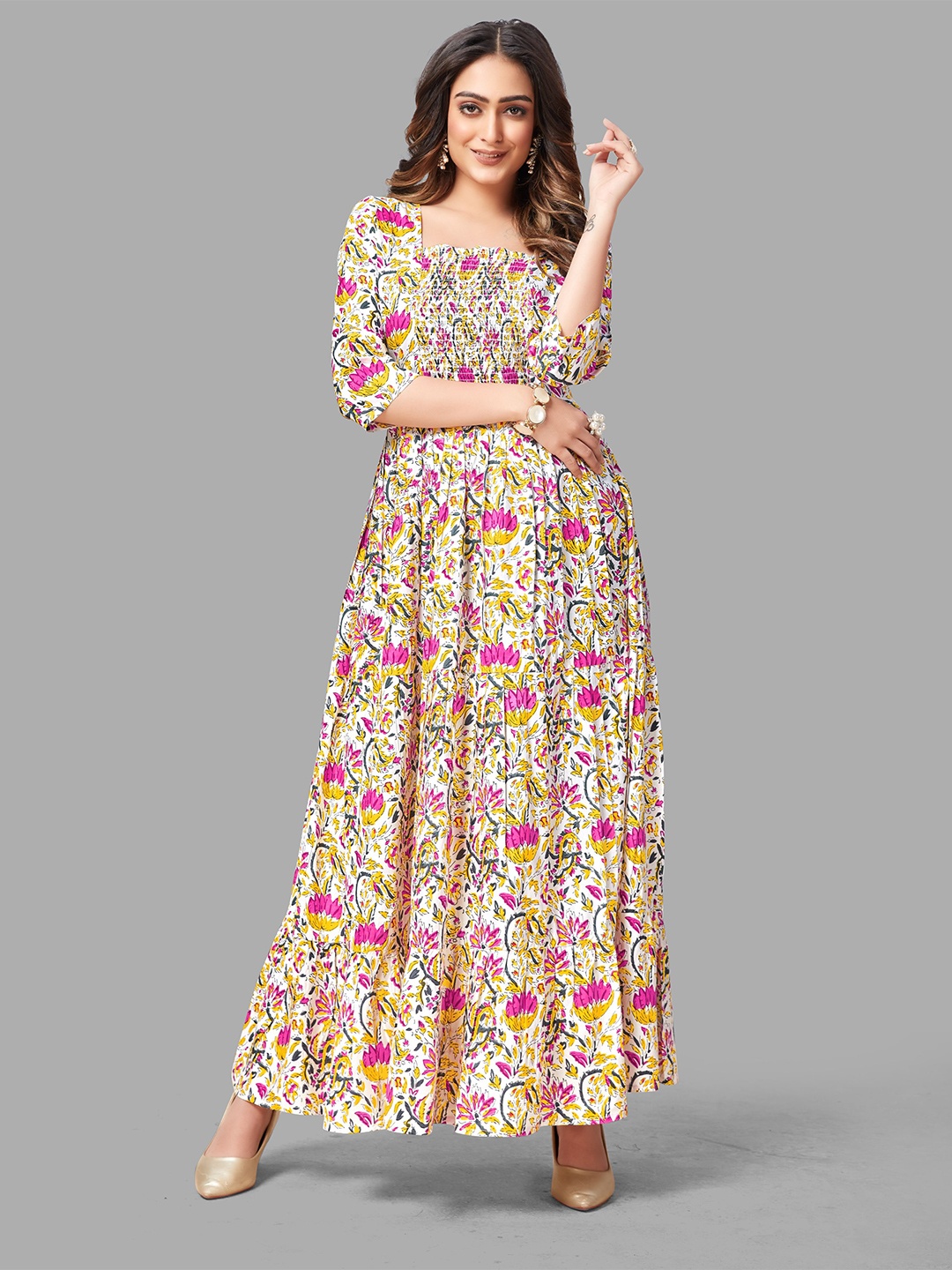 

B4ME COM Floral Smocked Maxi Dress, Off white