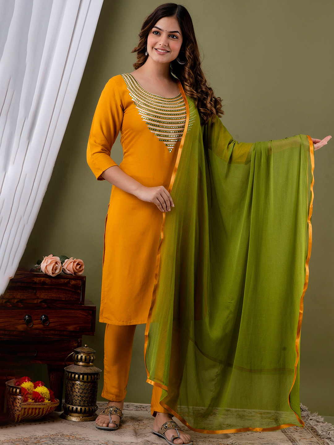 

Lookmark Mirror Work Round Neck Kurta with Trousers & Dupatta, Yellow