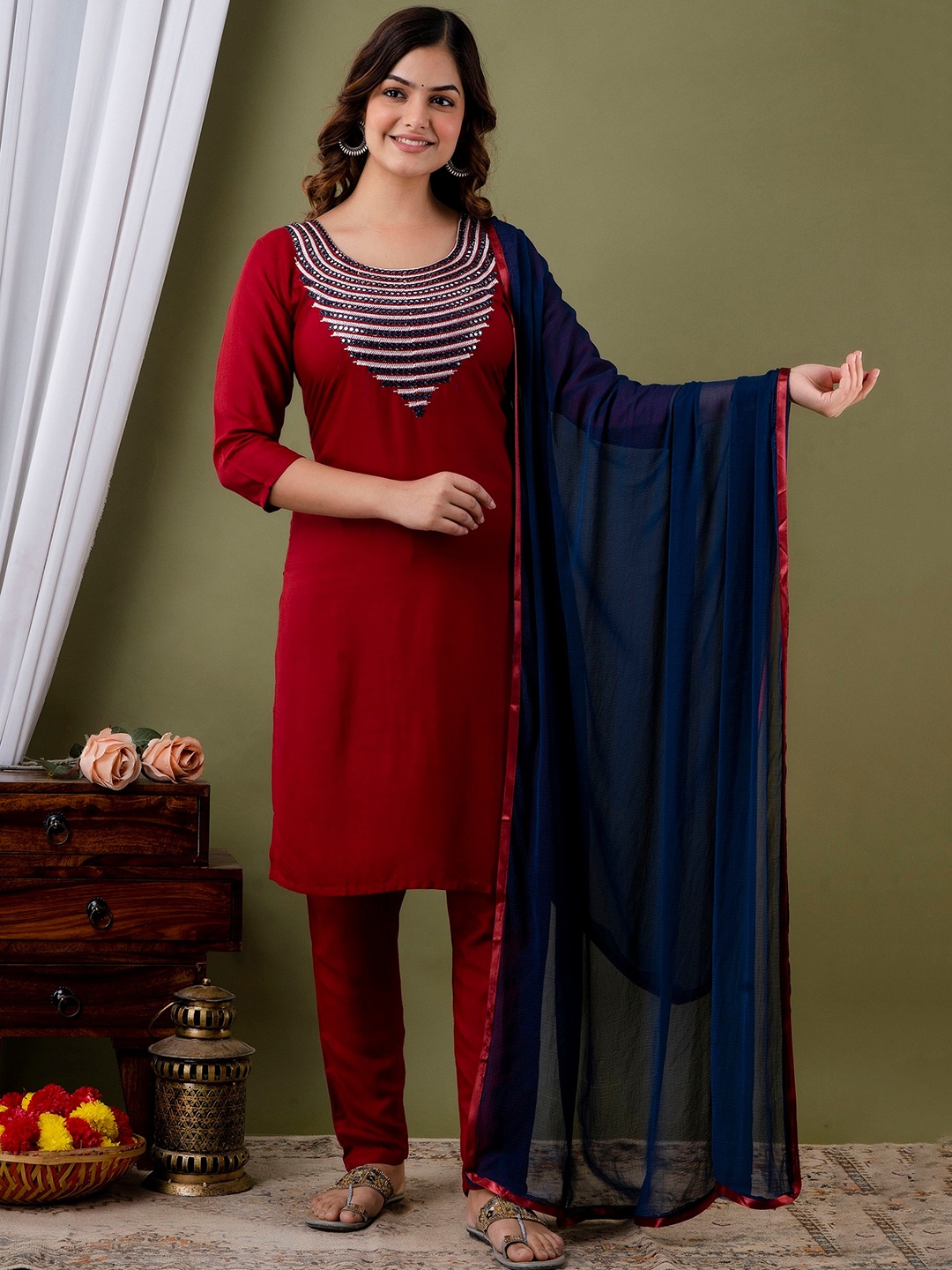 

Lookmark Women Red Yoke Design Mirror Work Kurta with Trousers & With Dupatta