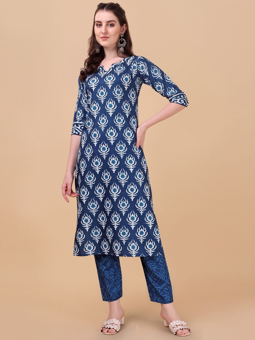

Lookmark Women Navy Blue Ethnic Motifs Printed Kurta with Trousers & With Dupatta