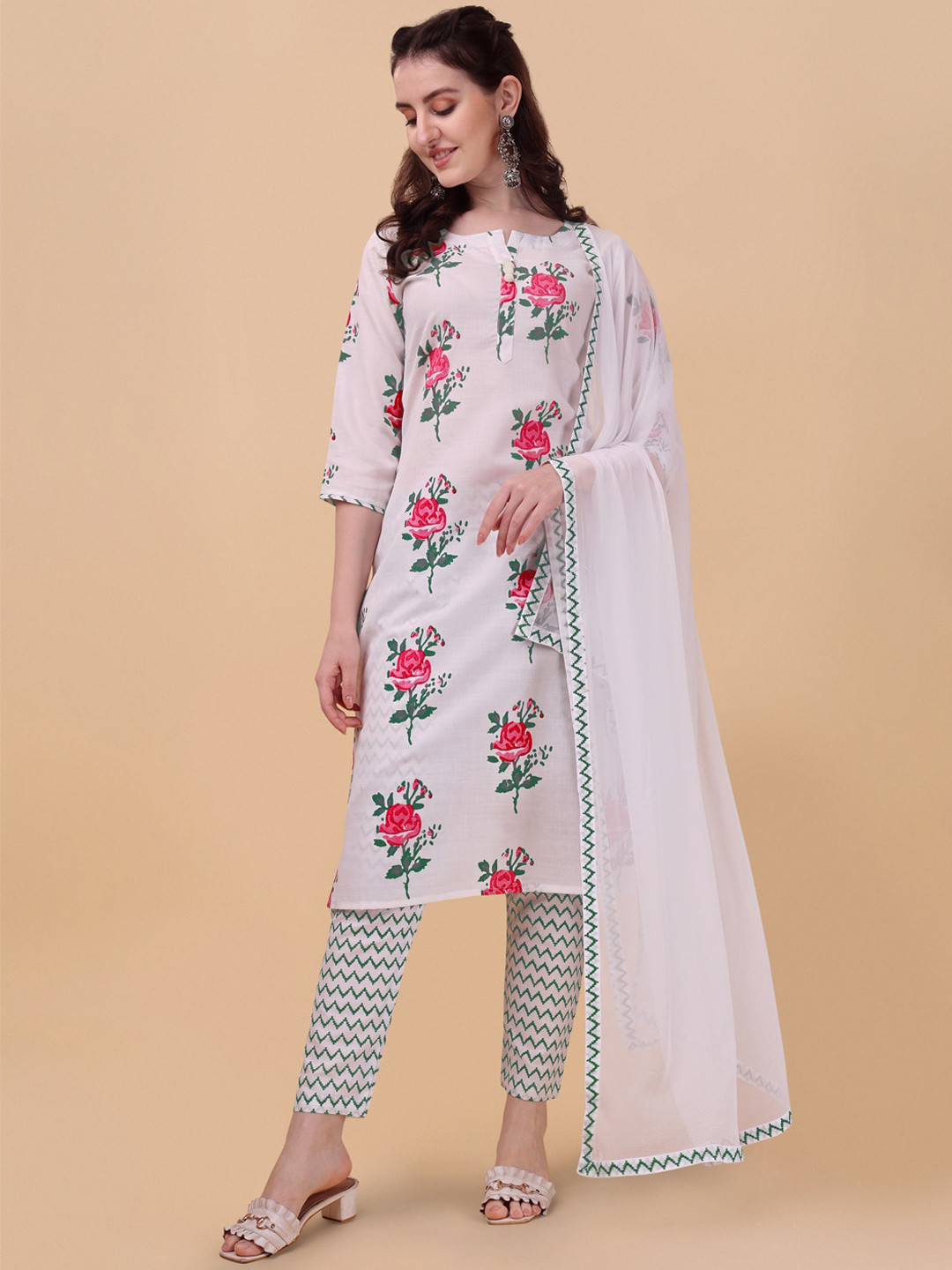

Lookmark Women White Printed Kurta with Trousers & With Dupatta