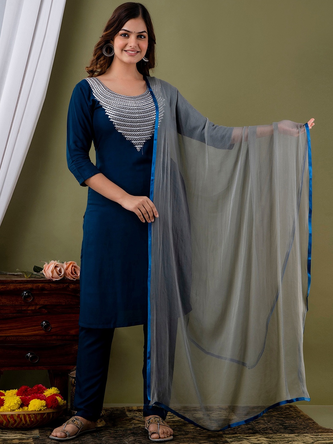 

Lookmark Women Navy Blue Ethnic Motifs Embroidered Mirror Work Kurta with Trousers & With Dupatta