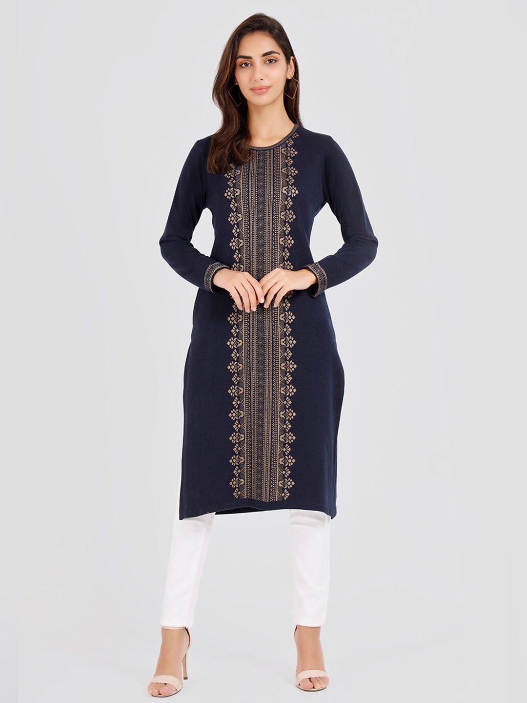 

KEIKO Ethnic Motifs Woven Design Acrylic Kurti, Navy blue