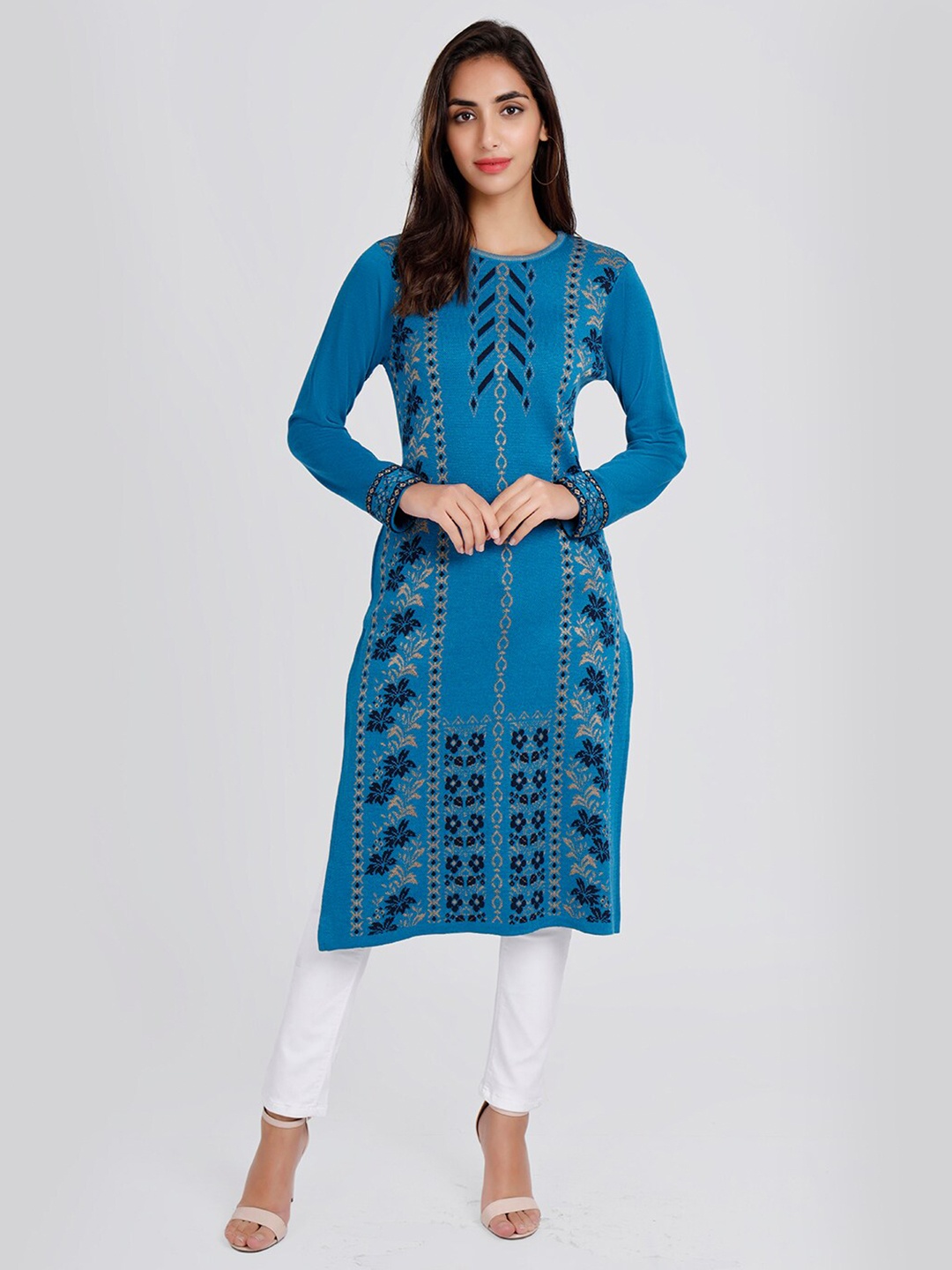 

KEIKO Floral Acrylic Round Neck Kurta, Turquoise blue