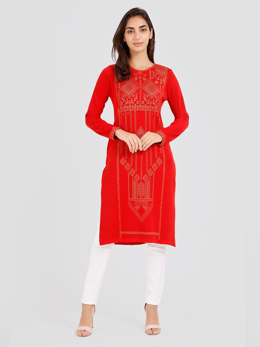 

KEIKO Woven Design Acrylic Round Neck Kurta, Red