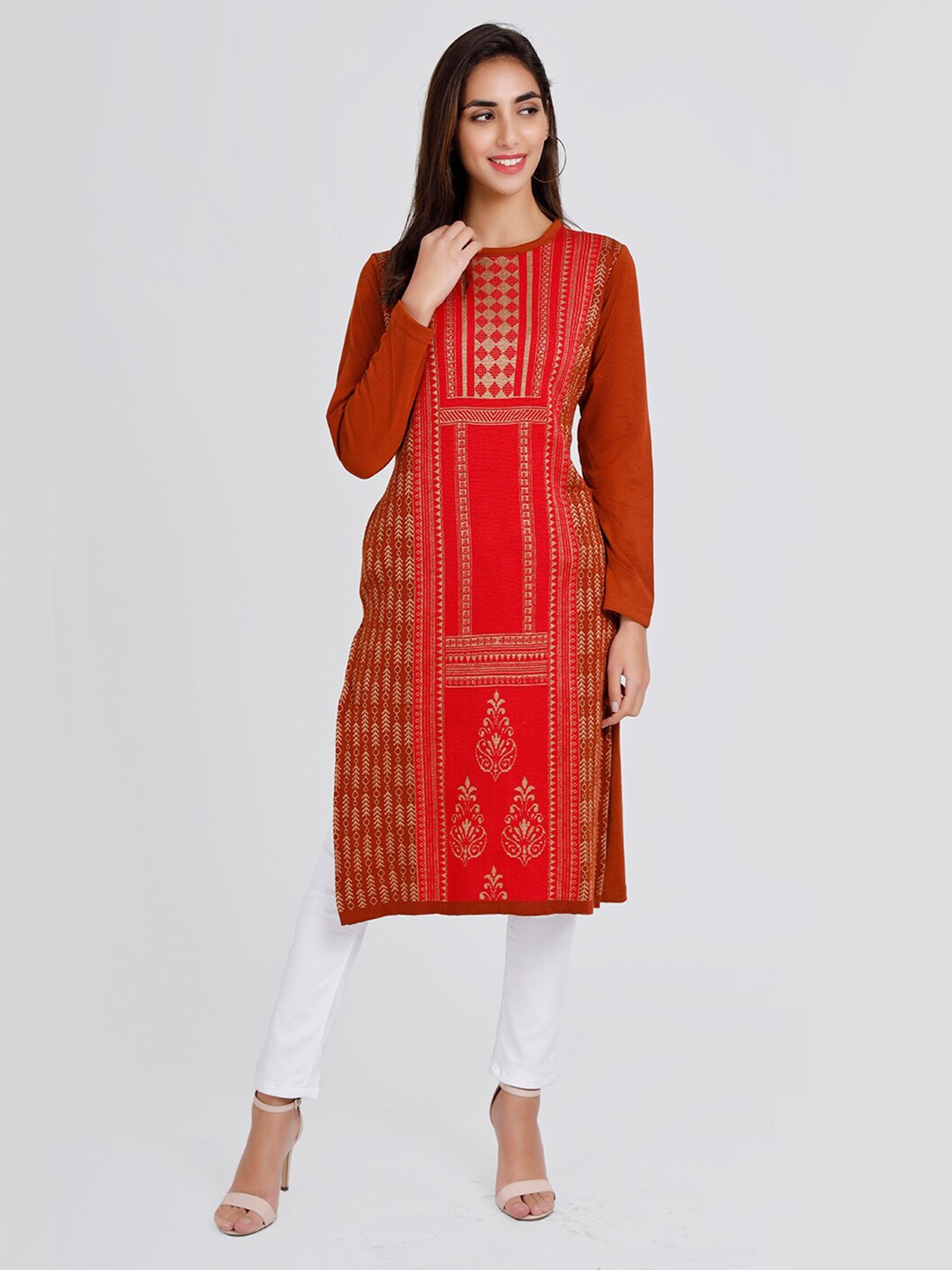 

KEIKO Women Ethnic Motifs Woven Design Jacquard Acrylic Kurta, Rust