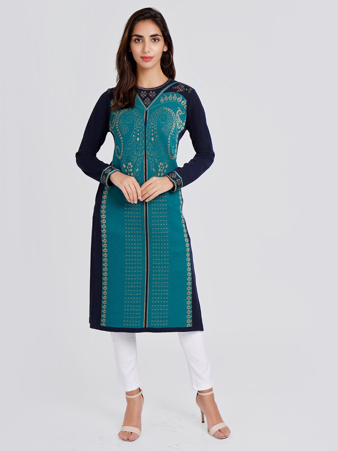 

KEIKO Round Neck Paisley Woven Design Acrylic Kurta, Navy blue