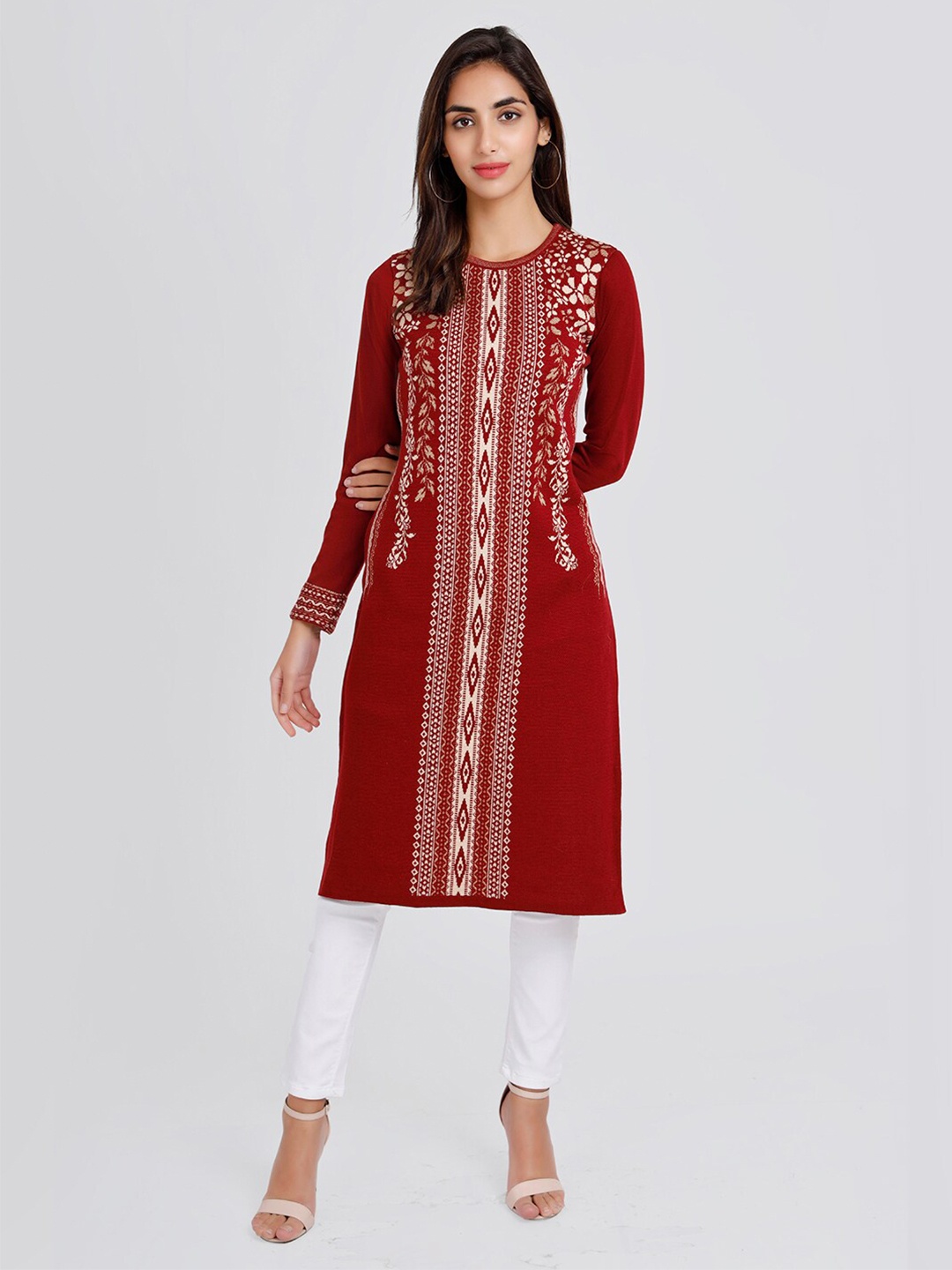 

KEIKO Women Ethnic Motifs Jacquard Acrylic Kurta, Maroon