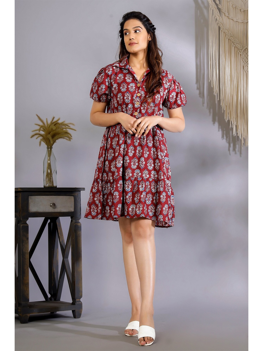 

HANDICRAFT PALACE Floral Printed Cotton Shirt Dress, Maroon