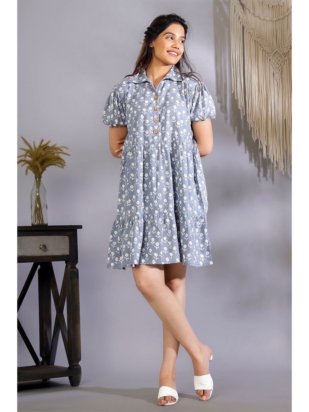 

HANDICRAFT PALACE Printed Cotton Floral Dress, Grey