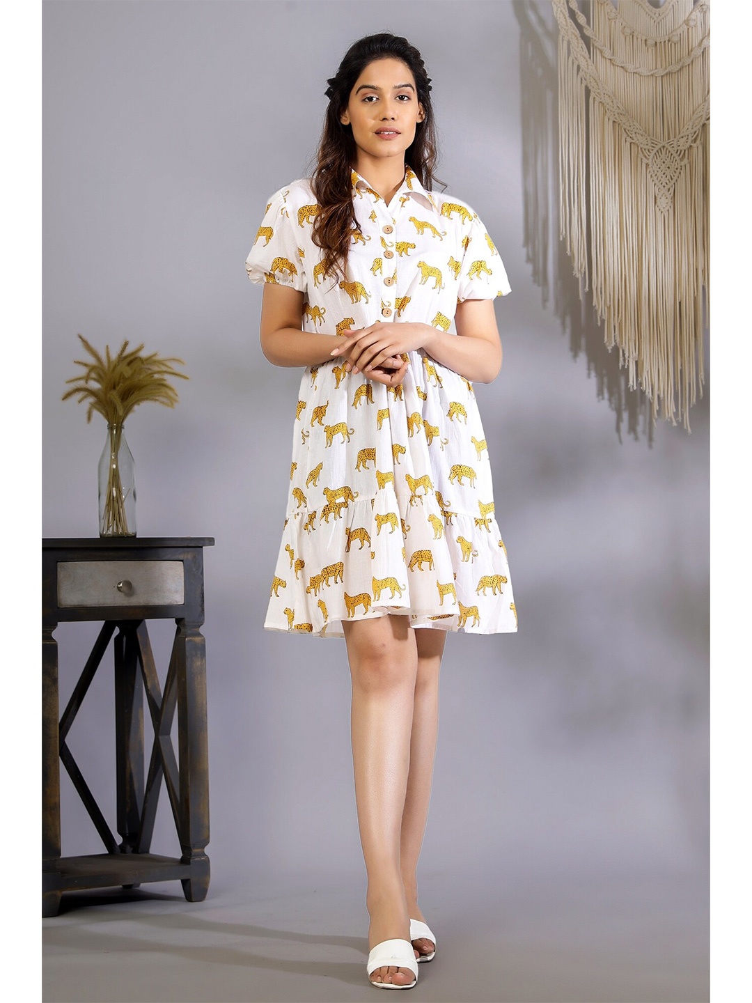 

HANDICRAFT PALACE Printed Cotton Animal Shirt Dress, White