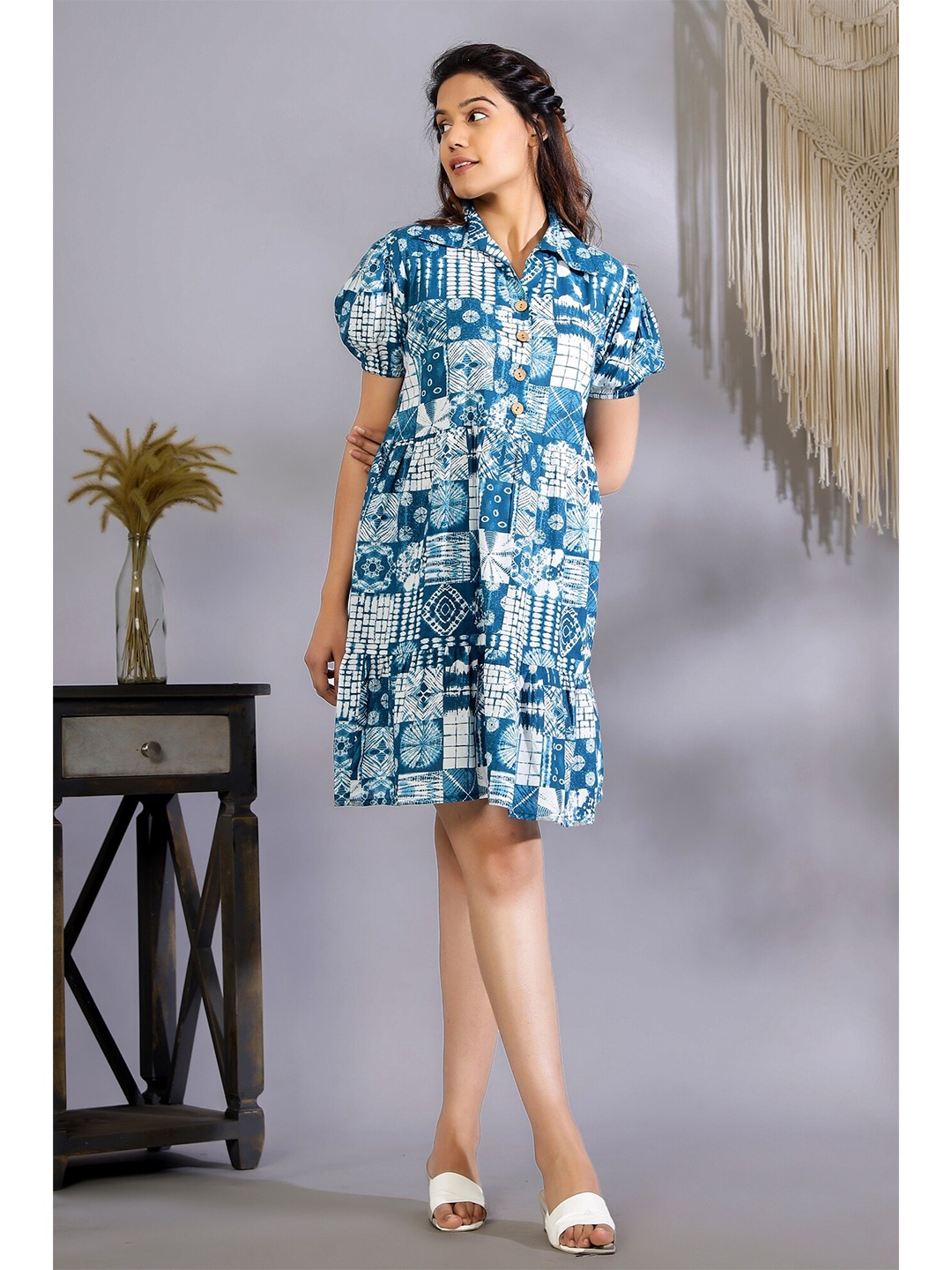 

HANDICRAFT PALACE Printed Cotton Abstract A-Line Dress, Blue