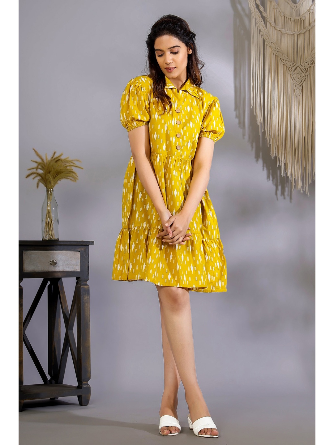 

HANDICRAFT PALACE Printed Cotton A-Line Dress, Mustard