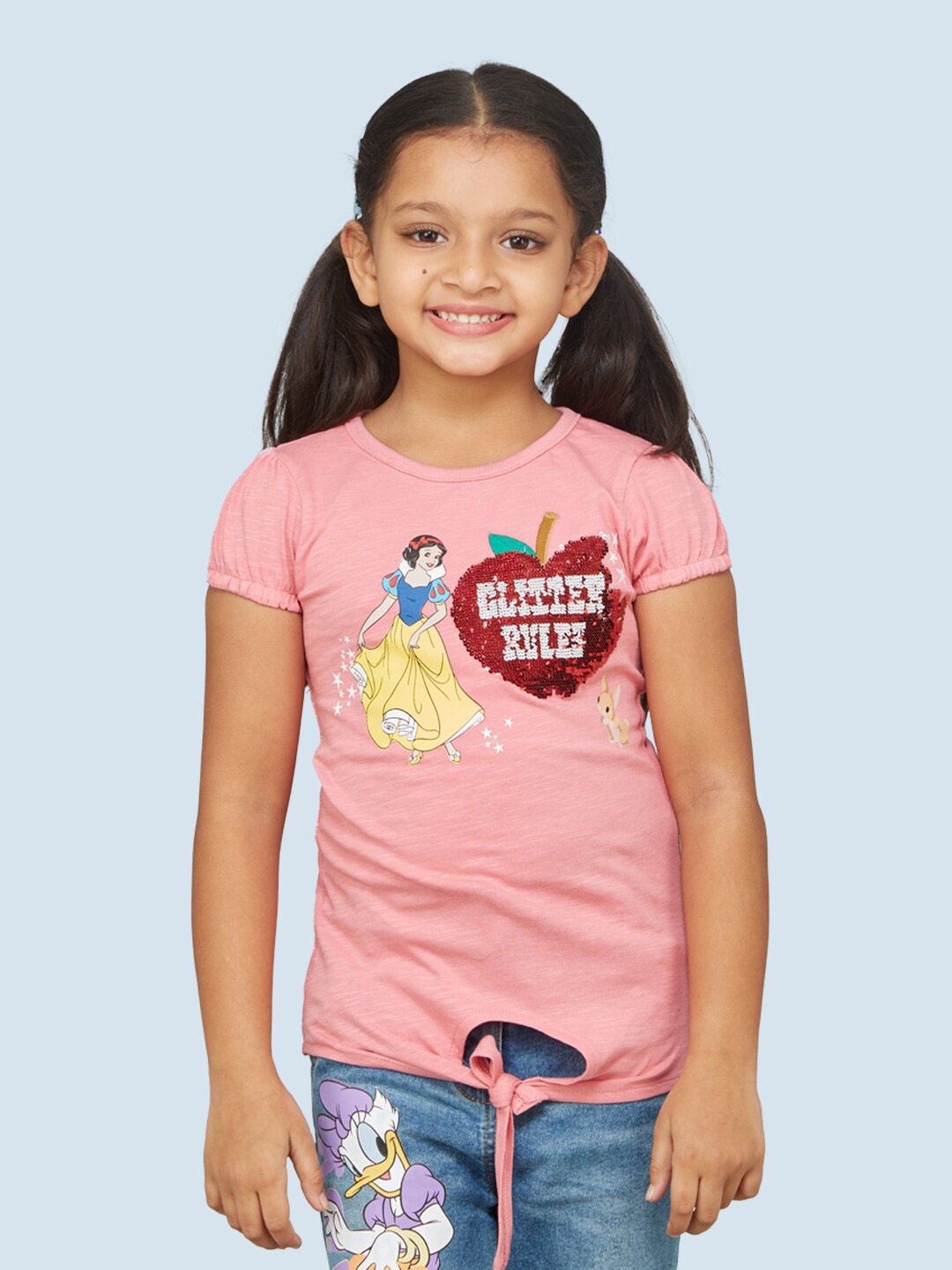 

Zalio Girls Graphic Printed Embellished Cotton T-shirt, Pink