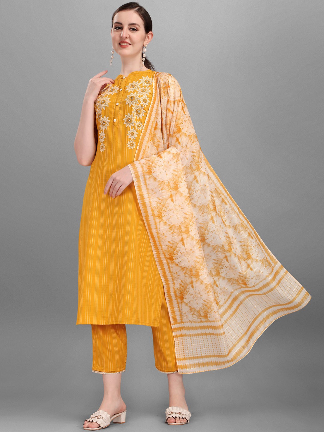 

Berrylicious Women Floral Embroidered Pure Cotton Kurta with Trousers & With Dupatta, Yellow