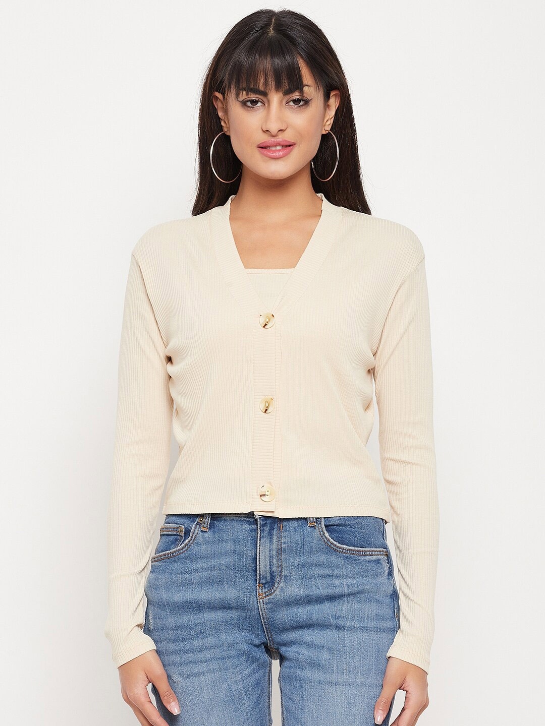 

Madame Women Striped Cotton Cardigan, Beige
