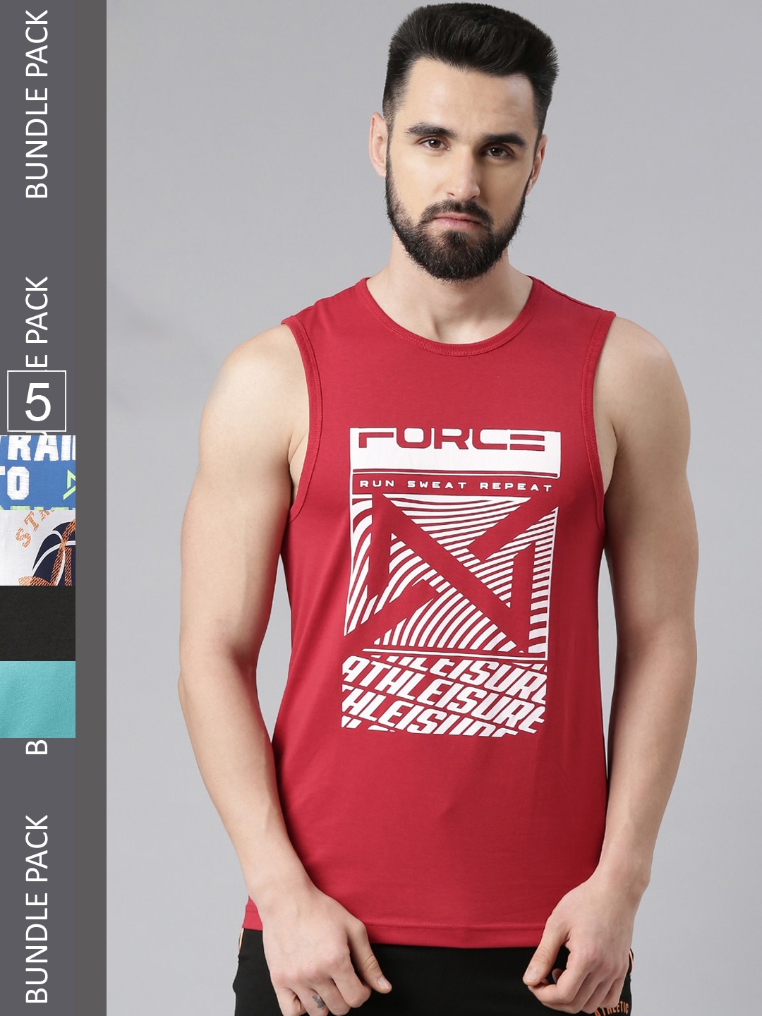 

Force NXT Pack of 3 Printed Super Combed Cotton Gym Tank T-shirt, Red