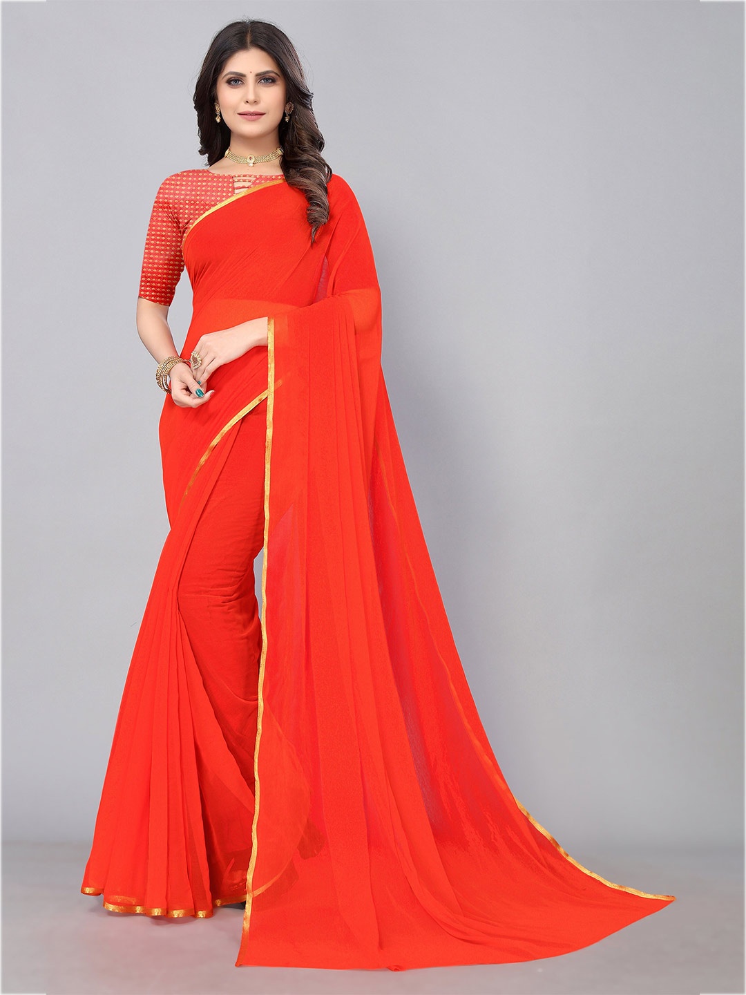 

KALINI Zari Border Pure Chiffon Saree, Red