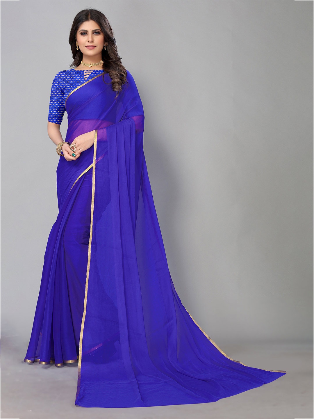 

KALINI Zari Border Pure Chiffon Saree, Blue