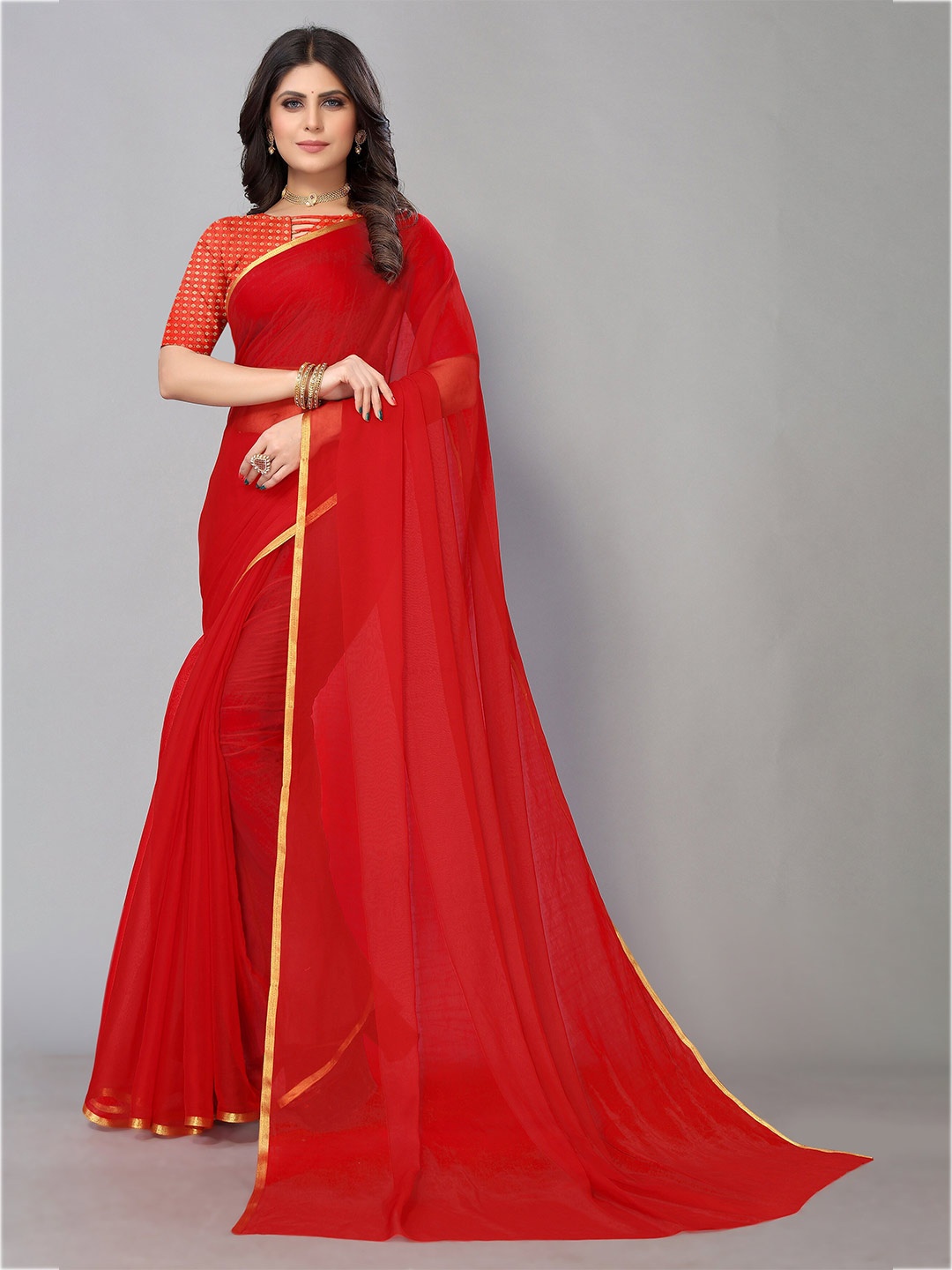 

KALINI Zari Border Pure Chiffon Saree, Red