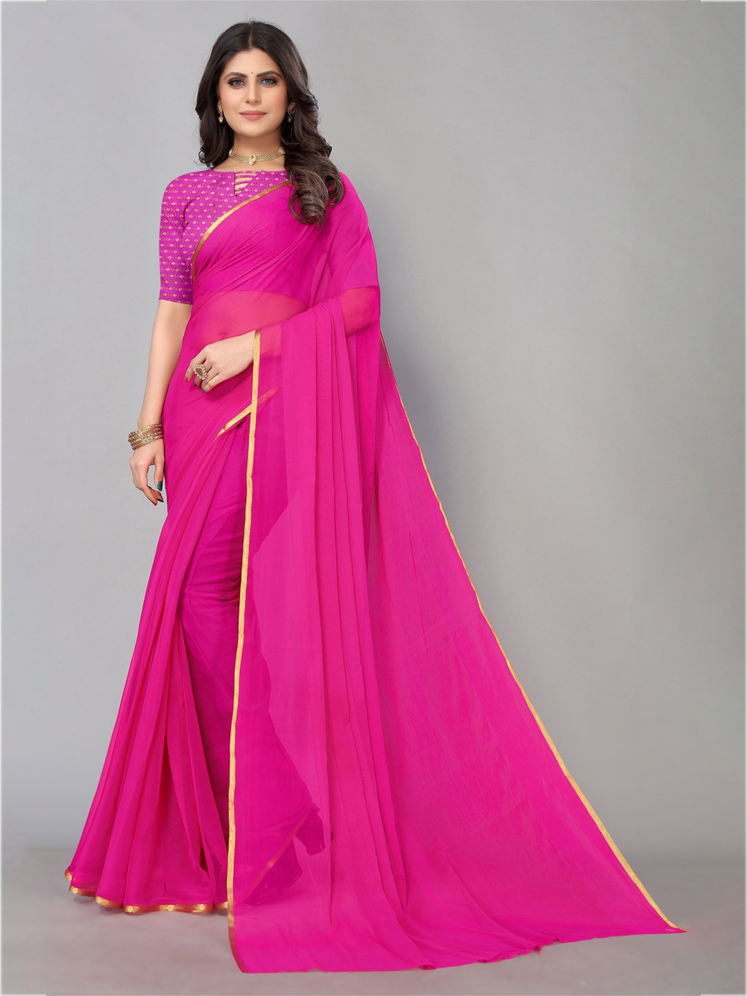 

KALINI Zari Border Pure Chiffon Saree, Purple